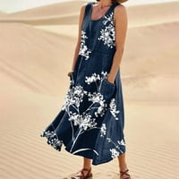Жени лято без ръкави лъжичка шия на глезена Небрежна рокля отпечатана слънчева рокля жени рокли сини xl