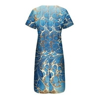 Летни рокли за жени с къс ръкав А-линия средна дължина Мода печатни в-врата рокля синьо ШЛ