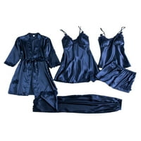 Voguele Ladies Nightbowns Satin Robe Batrobe Night Pajama Set Nightwear PJS Navy Blue L