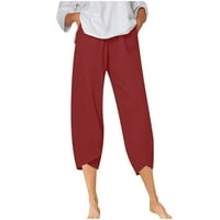 Капри панталони за жени Palazzo Lounge Pants Лято отпечатано изрязано памучно бельо удобни панталони с джобове вино червено s