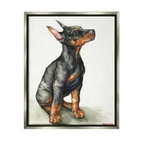 Ступел индустрии Доберман кученце куче домашен любимец животно акварел живопис блясък сива рамка плаващо платно стена изкуство, 24х30