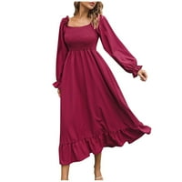 Женски моден плътно цвят ежедневна рокля с квадратна шия голям подгъв рокля