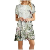Летни рокли за жени Модни кръгли деколте с късо ръкав флорални мини рокли над коляното свободни рокли бели 2xl