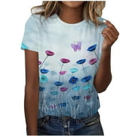Дамски тениски графичен флорален принт за летни ежедневни свободни прилепнали кръгли шия основен тройник, удобни къси ръкави блузи