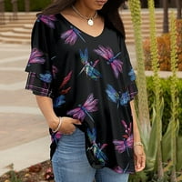 Leylayray дамска блуза жени ежедневни разхлабени ризи v шия къса ръкав Модна точка Топс за печат тениски тениски тий лилаво xxl