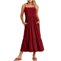 Usmixi рокли за жени течащи развълнувани джобни спагети каишки слънчеви рокли без ръкави от екипаж солидна лятна дълга ежедневна рокля червен xxl клирънс дрехи