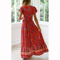 Небрежна рокля за опаковане за жени с високо разделяне на цветя печат мека дълга рокля за ежедневни запознанства за пазаруване облекло червено