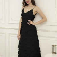 Жени рокли- солидна рокля A-Line без ръкави V Neck Fashion Feather Ress Maxi Black 8