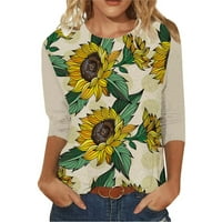 Женски мода O-Neck Casual Three Quarter Sunflower Print Tops Тениска блуза плюс размер дамски върхове облечени ежедневни риза пуловер