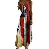 Женски летен реколта американски флаг отпечатък макси рокля спагети каишка дълги рокли v шия без ръкави плаж