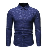 Мъжки ризи Мъжки пролетна отпечатана горна риза Съчетаване на яка с дълъг ръкав с дълъг ръкав Официален костюм Топ блуза тъмносин + XXL