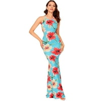 Dyfzdhu летни рокли за жени O-O-Neck Floral Print Strappy Backless Summer Evening Party Макси рокля