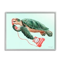 Ступел индустрии Зелена морска костенурка плуване Червен ротационен телефон графично изкуство сива рамка изкуство печат стена изкуство, дизайн от Амели Лего