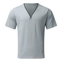 Amidoa Men's Fashion Casual Slim Zipper V-образен солиден цвят с къс ръкав тениски върхове блуза мъжки дрехи