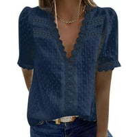 Женски дантела V шифон шифонски ризи Елегантни къси ръкави туники върхове облечени ежедневни тениски плетене на една кука пом блузи блузи