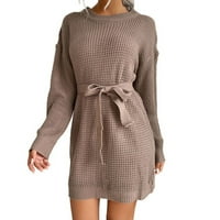Клирънс дамски дълъг ръкав плетен пуловер пуловер мини рокля за жени дължина на плетене на плетене на плетене на коляното с колан с колан