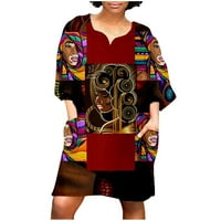xiuh жени модна африкански винтидж печат среден ръкав v шия ежедневна мини рокля дамски плюс рокли с размер червено l