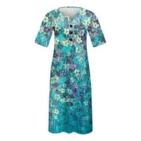 Дамска флорална рокля бохо рокли v-образно изцяло многостепенна макси плажна рокля с джобове небесно синьо размер xl