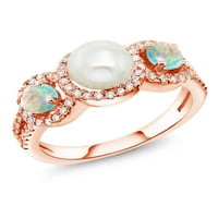 Gem Stone King 1. CT кръг Cabochon White симулиран Opal 18K Rose Gold Платен сребро култивиран сладководен перлен пръстен