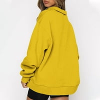 Дамски попадат върхове на клирънс Плътен цвят Цип Ревера пуловер суитчър Дълъг ръкав в-врата хлабав качулка без суитчър отгоре Плюс размер върховете за жени Жълт 3ХЛ