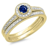 Дазлингрок колекция 14к кръг син сапфир и бял диамант ореол сватбен пръстен, жълто злато, размер 9