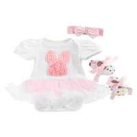 Mialoley Newborn Summer Romper, Heart Rabbit Ruffled Bodysuit+обувки+лента за глава