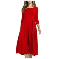 Рокля за жени, Дамски ежедневни Плътен цвят среден ръкав голяма люлка Висока талия рокля, червен 2хл