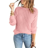 mveomtd жени модна кръгла шия солиден цвят с дълъг ръкав плетен пуловер Кухли горни пуловерни пуловери за мъже розово