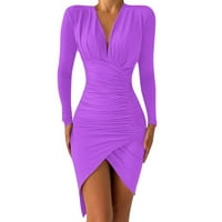 Женски рокли отпечатани V-образно деколте Bodycon Дължина на глезена Мода дълъг ръкав Лятна рокля Purple S