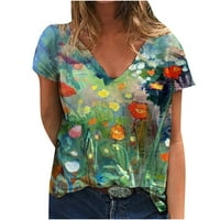 Графични тийнейджъри за жени, модни жени цветни живописни тениски с тениски с дълбока шия на шия къси ръкави блузи летни ежедневни дами върхове