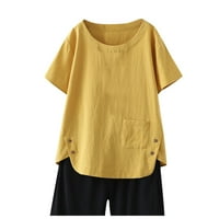 Wendunide ризи за жени жени небрежно солидно бельо бутон с къс ръкав блуза Блуза хлабав топ жълт l