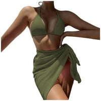 дамски бикини комплект отпечатани без ръкави Три плажно облекло горещи бански бикини комплект зелен хл