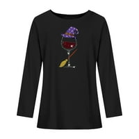 Дамски Хелоуин върхове вино стъкло ризи с дълъг ръкав вещица шапка crewneck суичър солидна туника пуловер графична блуза