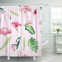 Тропически с фламинго акварелен тропичен рисунка Роза птица и зеленина палмово дърво зелена екзотична завеса за душ