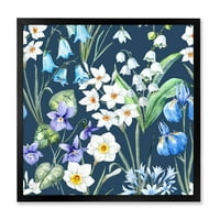Синьо и бяло Пролетни цветя на тъмно синьо рамка живопис платно изкуство печат