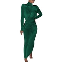 Клирънс рокли за жени лято твърди висока яка Дълъг ръкав парти дълги поли рокля зелен м