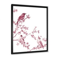 Красиви Розови Птици, Седящи На Цъфтящи Клони В Рамка Живопис Платно Изкуство Печат