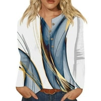 Риза стабилно облекло Женска яка на копчета модна печат с дълги ръкави ретро тениска с ретро тениска тънка върхови върхове сини 2xl