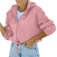 Дезезирана мода жени реколта горна суичър руно цип с дълъг ръкав подрязана качулка твърд пуловер блуза палто