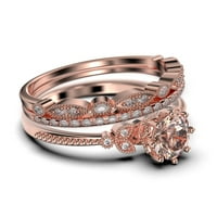 Красив 2. Карат кръг от режещ морганит и диамантен моасанит флорален годежен пръстен, античен сватбен пръстен, две съвпадащи ленти в сребро със стерлинги с 18K розово