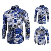Zodggu Gifts Men's Korean версия с голям размер риза бутон за ревера стойка яка тънък прилепнал ежедневен флорален принт модна полна блуза върхове дълъг ръкав класен елегантен мъжки свободно време синьо 18