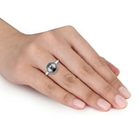 Миабела Дамски Черен таитянски култивиран перла и карат Т. в. диамант 14 карата Бяло Злато коктейл пръстен