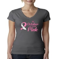 През октомври носим розово осъзнаване на женски младши годни тениски с V-образно деколте, тъмносив, голям